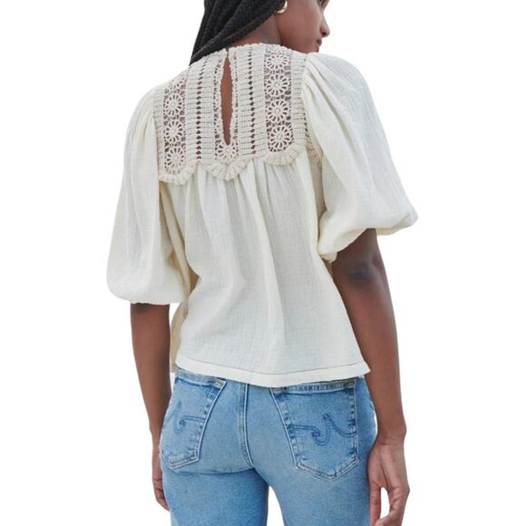 Saylor Nakai Blouse Medium Boho Cream Crochet Peasant Top Cottage Prairie Gauze - Picture 2 of 7